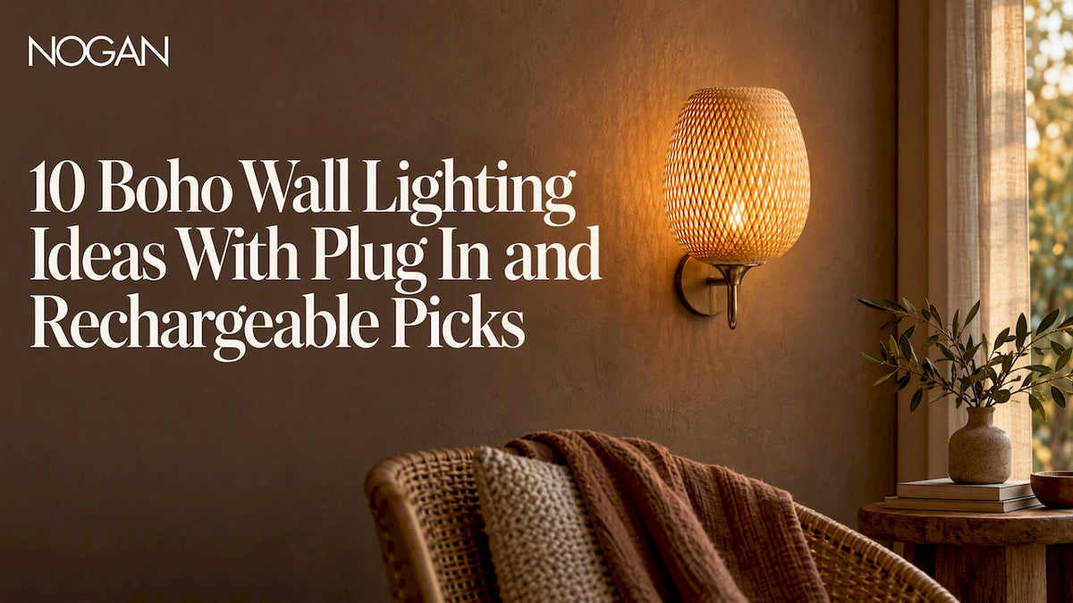 Kabou bamboo wall light glowing in a boho nook