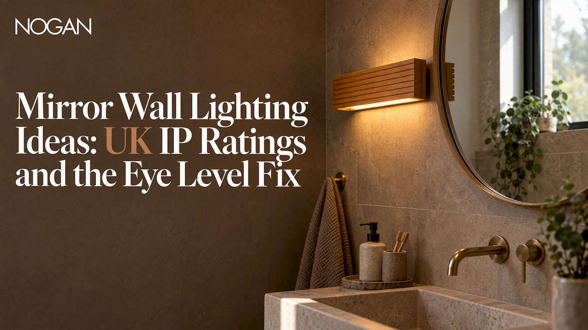 Warm Haya light beside an ensuite mirror