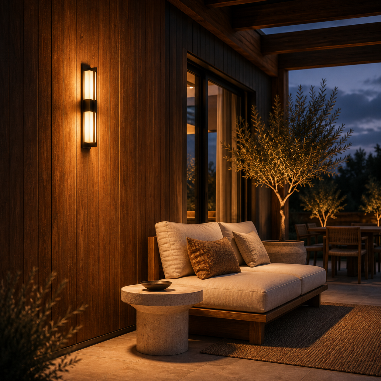 Outdoor wall light glowing warmly beside a modern entrance at dusk