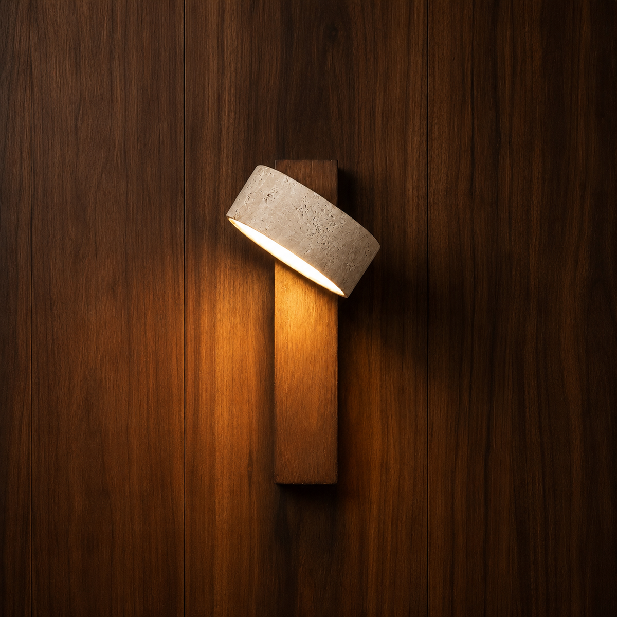 Solberg designer wood and travertine wall light on a wood-panelled wall — NOGAN Lights