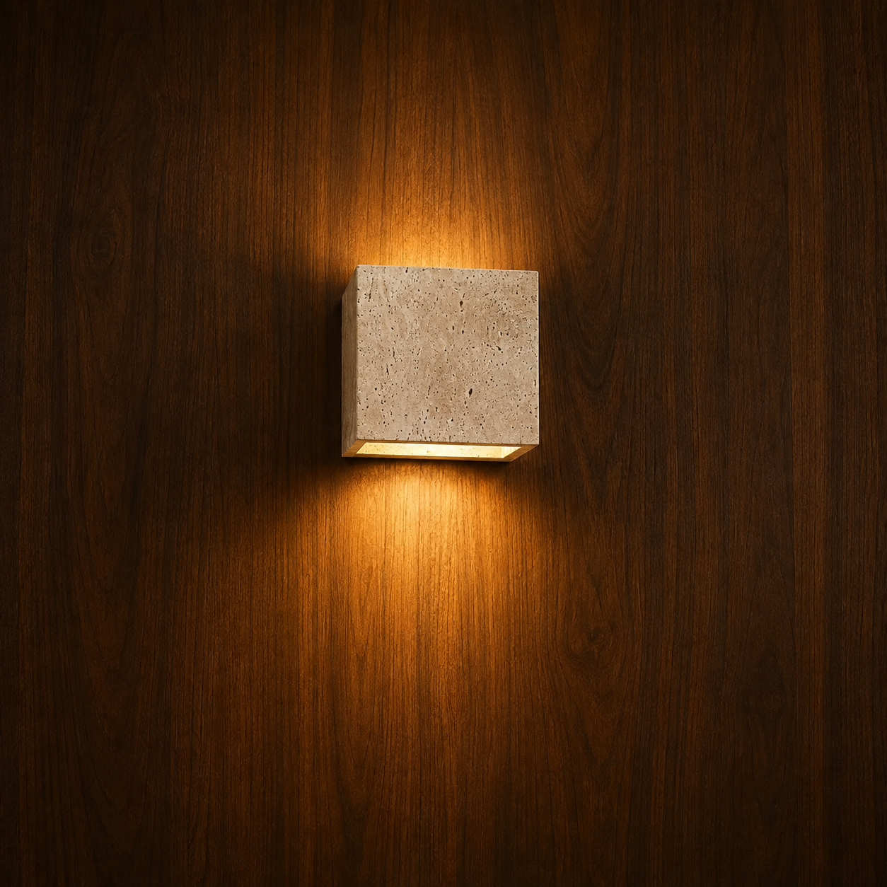 Fjord Scandinavian travertine wall light on a wood wall, NOGAN Lights