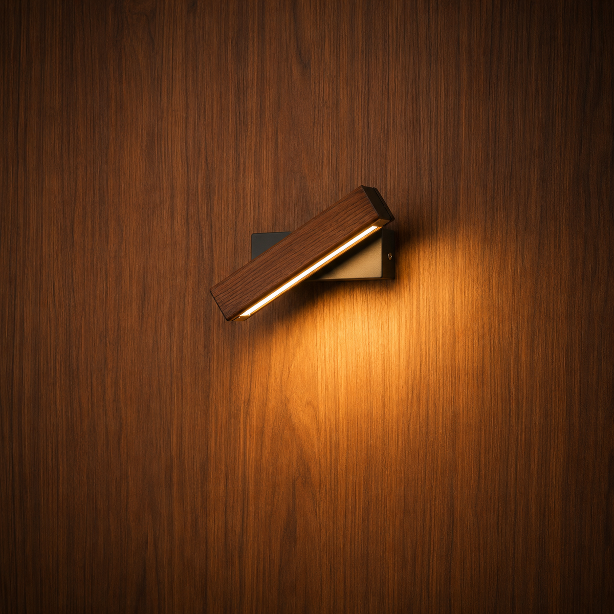 Alm designer walnut wood LED wall light on a wood wall, NOGAN Lights
