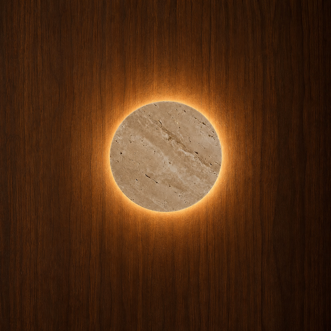 Månen travertine LED wall light glowing on a wood-panelled wall — NOGAN Lights