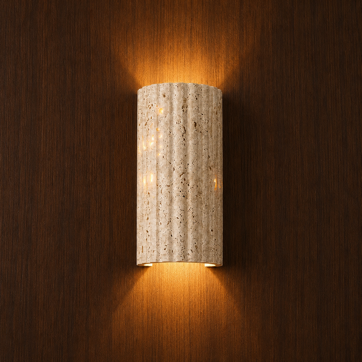 Crunda Nordic-style travertine wall light on a wood-panelled wall — NOGAN Lights