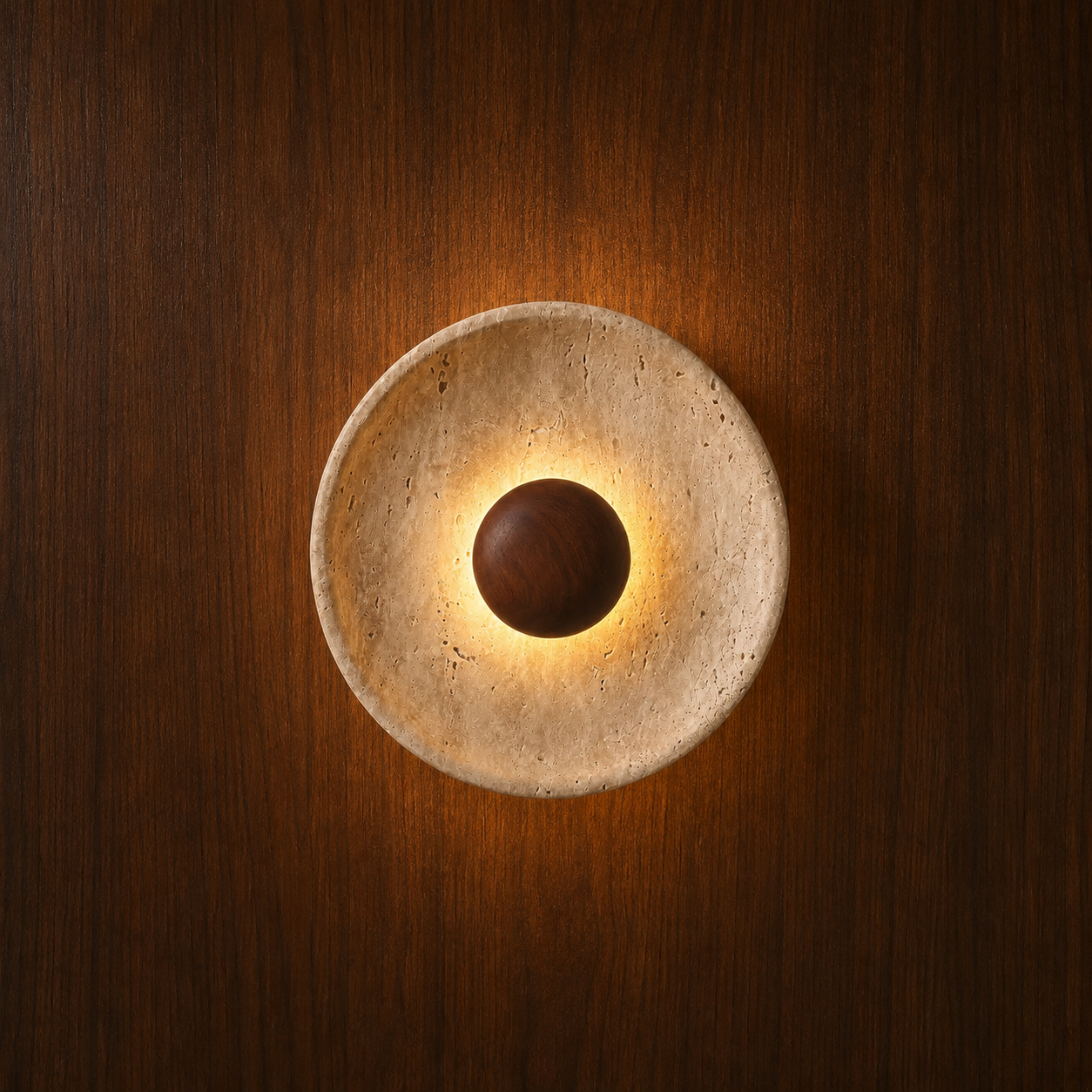 Sköld designer travertine and wood LED wall light on a wood wall — NOGAN Lights