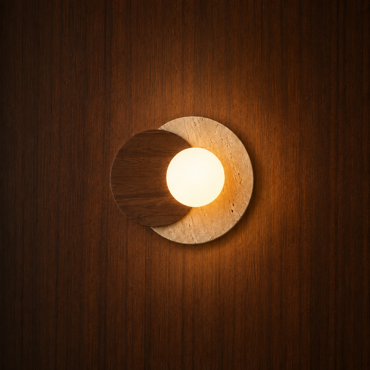 Runa Scandinavian travertine and wood wall light on a wood wall — NOGAN Lights
