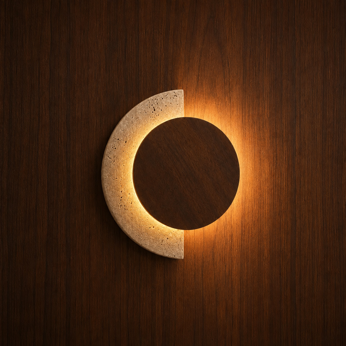 Orane designer travertine and wood LED wall light on a wood wall, NOGAN Lights