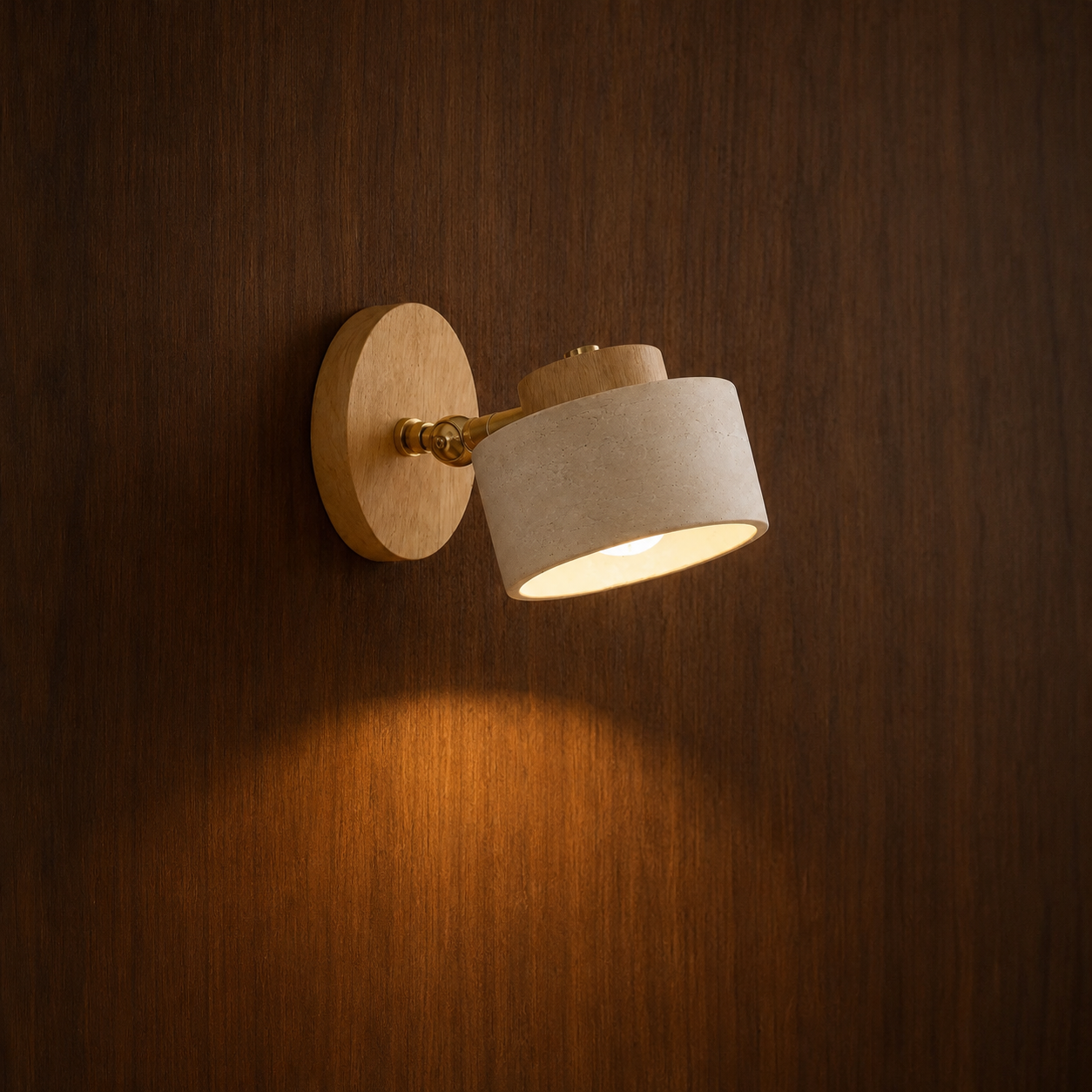 Kaiho Scandinavian travertine and wood wall light on a wood wall, NOGAN Lights