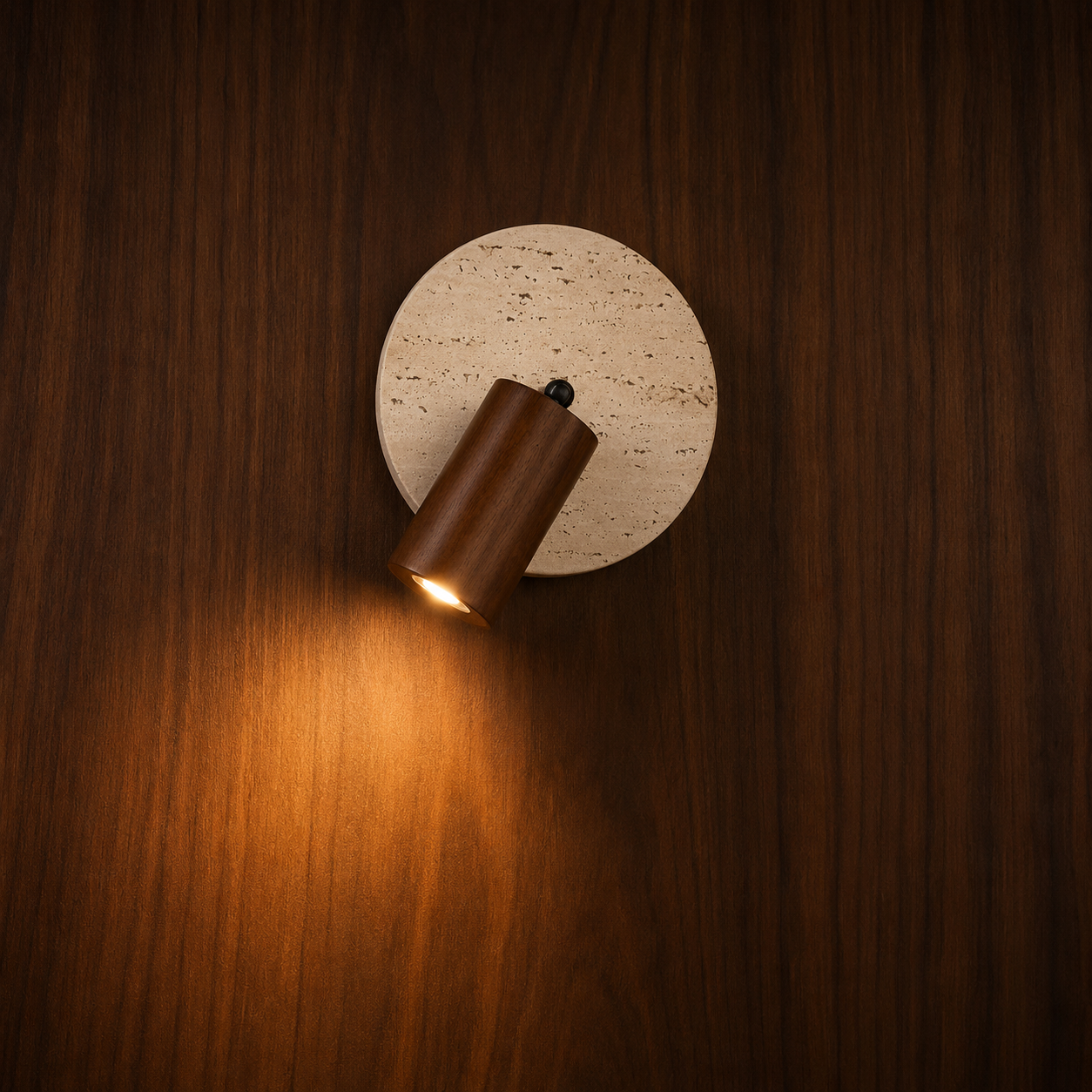 Skumring travertine and wood designer wall light on a wood wall, NOGAN Lights