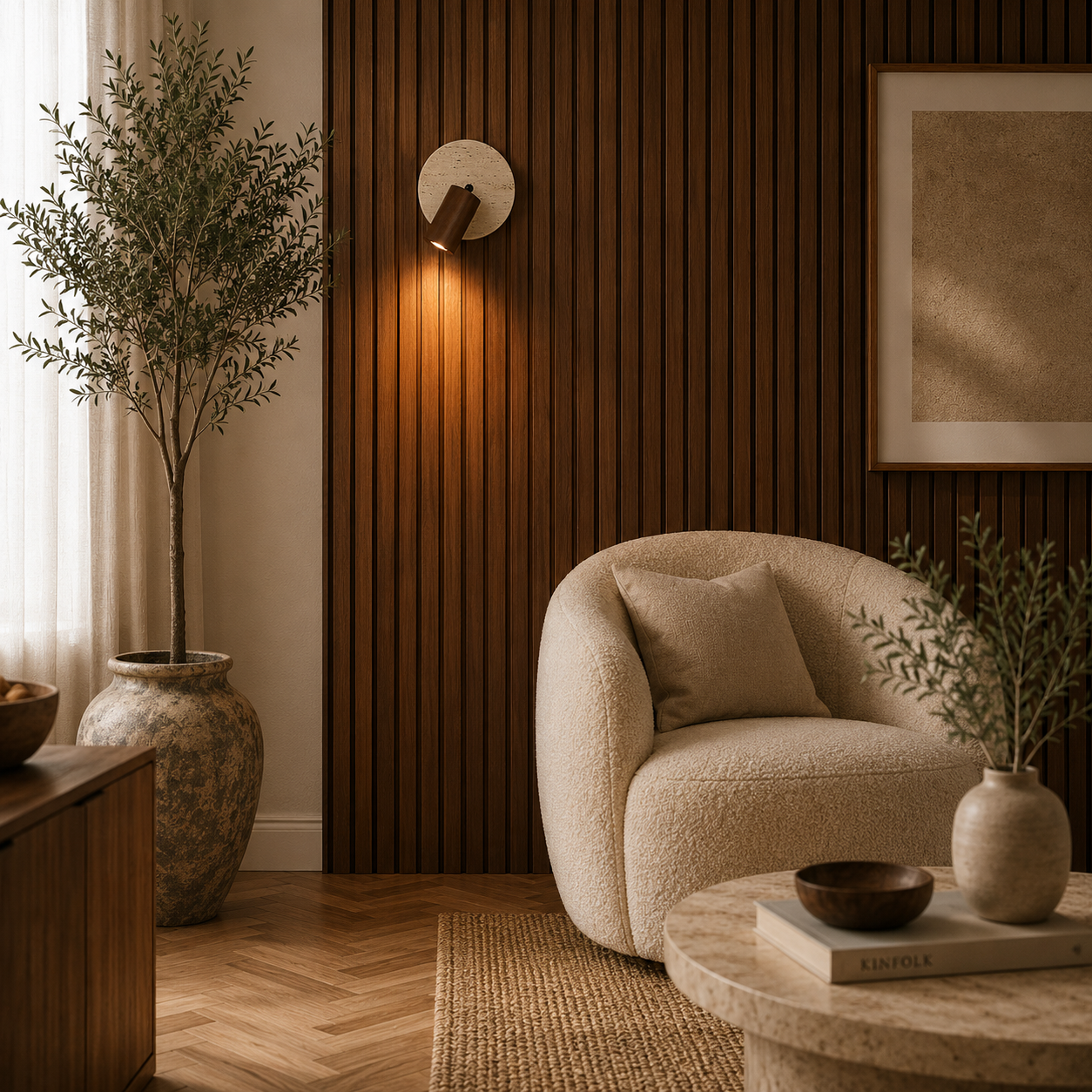 Travertine and wood wall light casting a warm twilight glow in a modern room