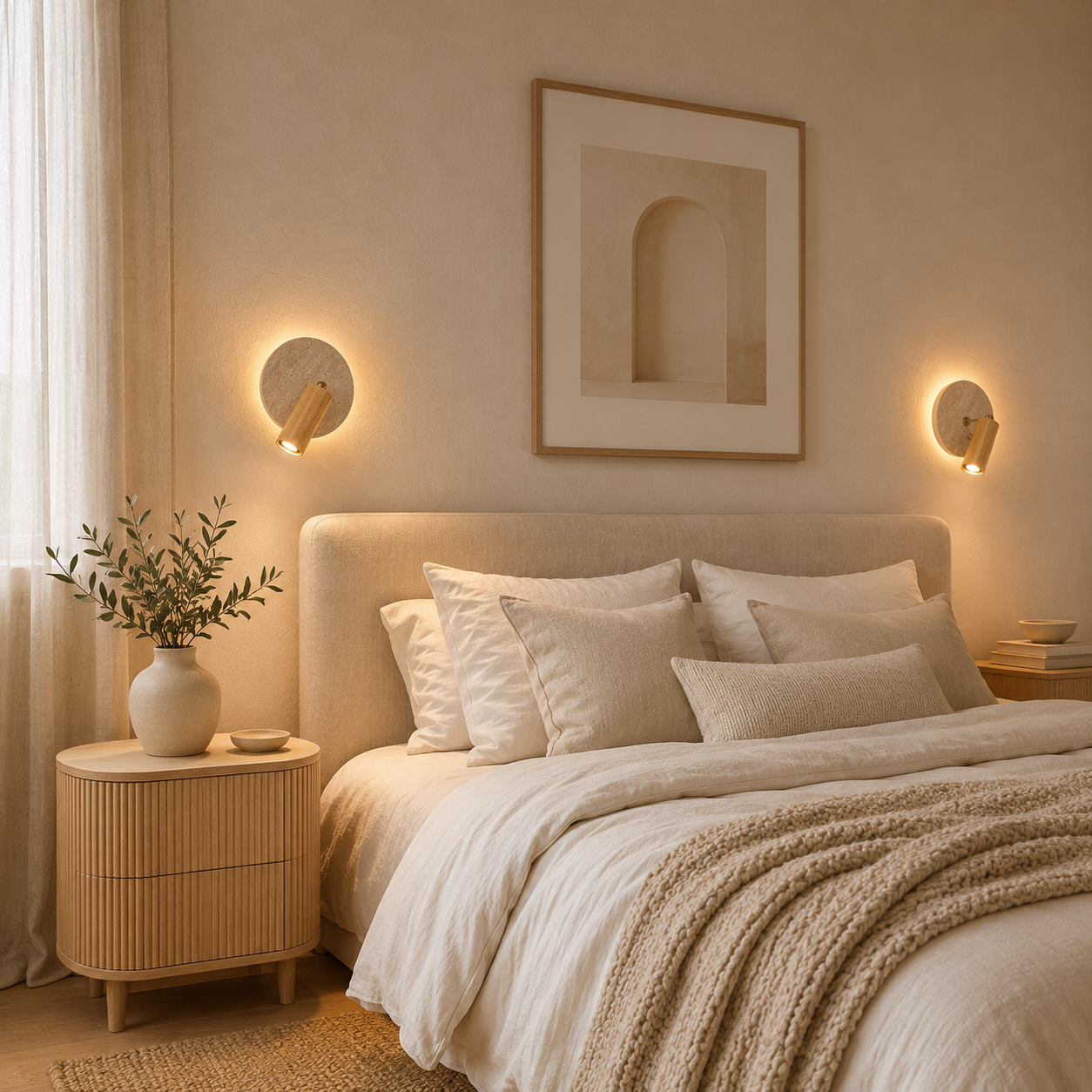 Travertine and wood wall light dimensions shown against a wood wall