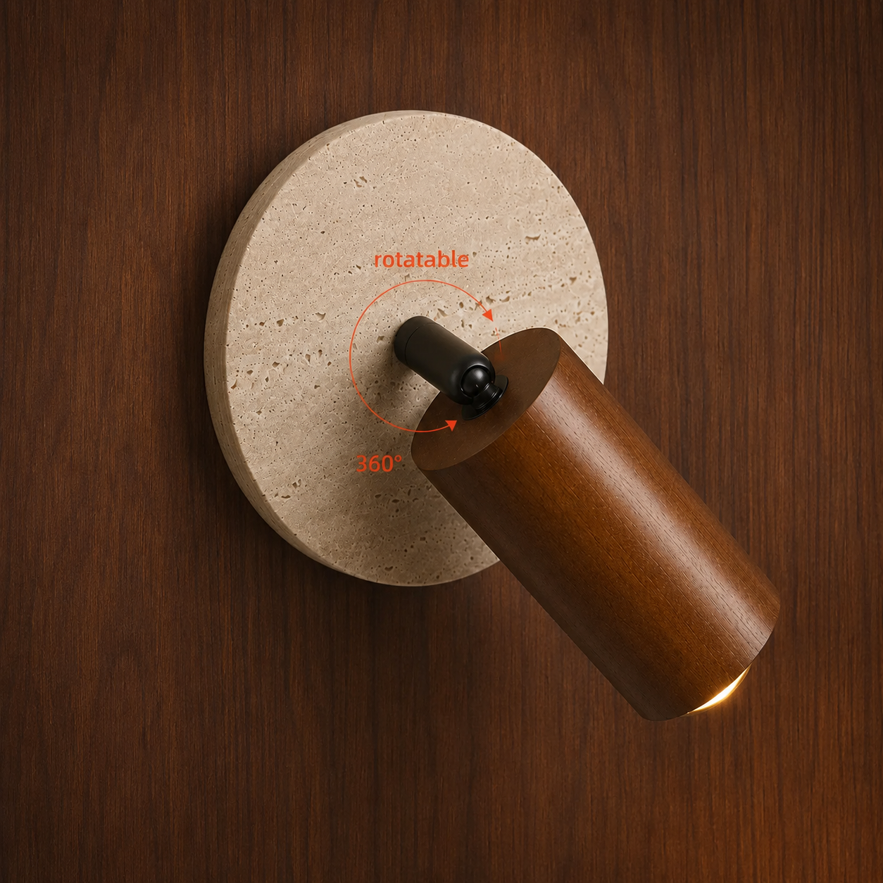Close-up of travertine and wood detail on the Skumring wall light