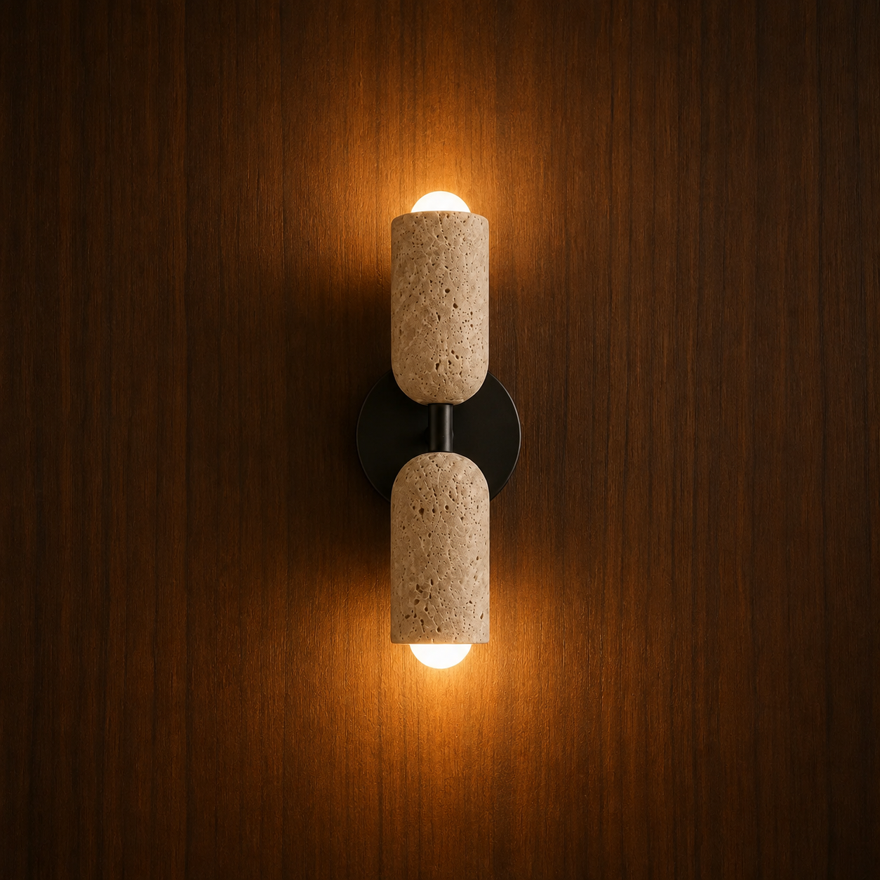 Aften Scandinavian travertine and solid wood wall light on a wood wall, NOGAN Lights