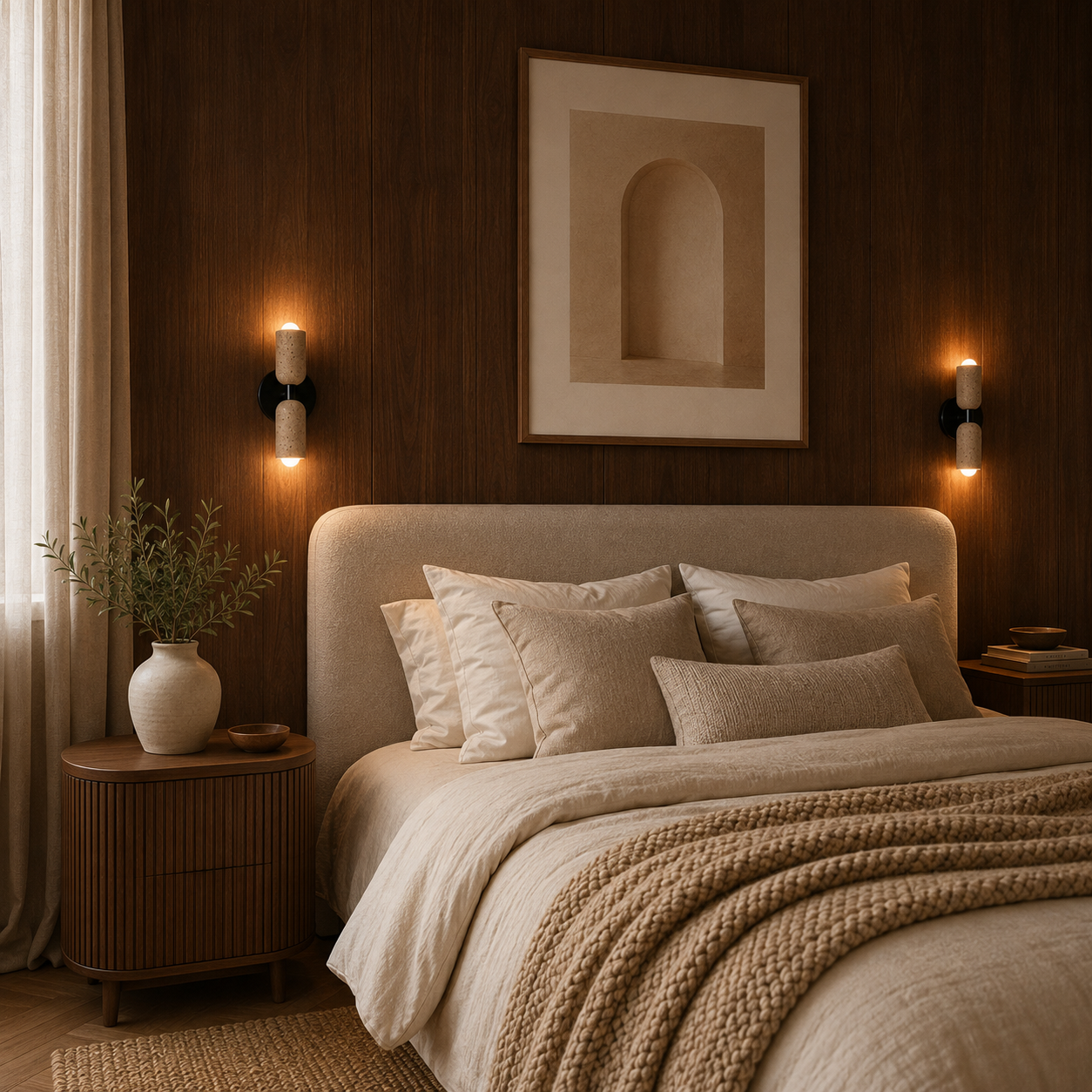 Close-up of travertine and solid wood detail on the Aften wall light