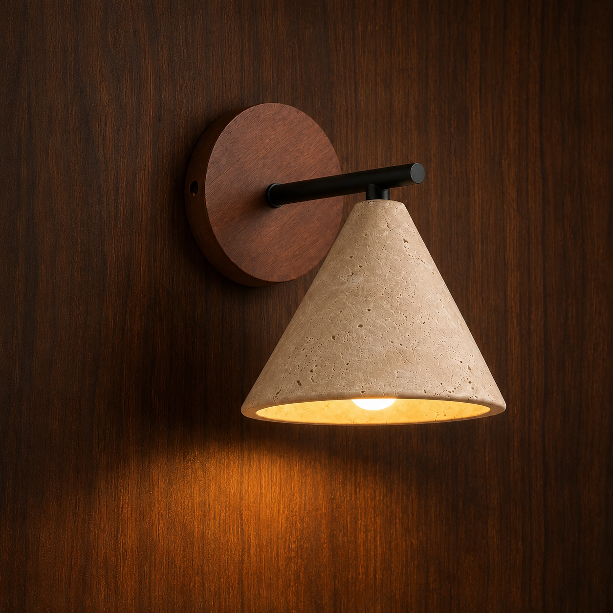 Lund Scandinavian travertine and wood wall light on a wood wall, NOGAN Lights