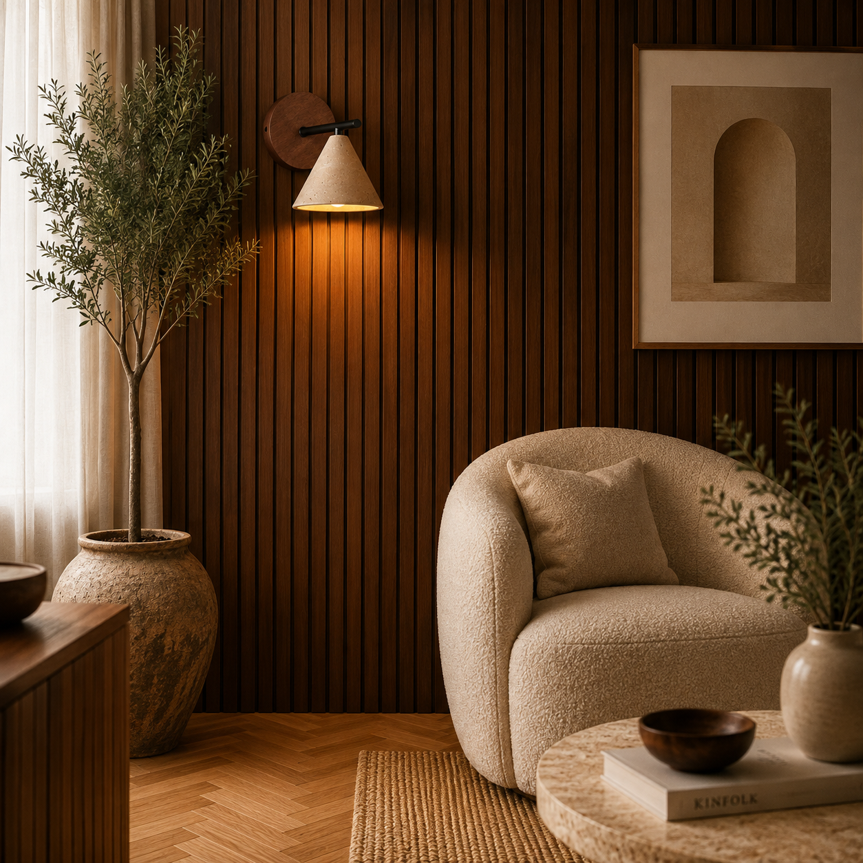 Travertine and wood wall light casting a warm glow in a modern Nordic room