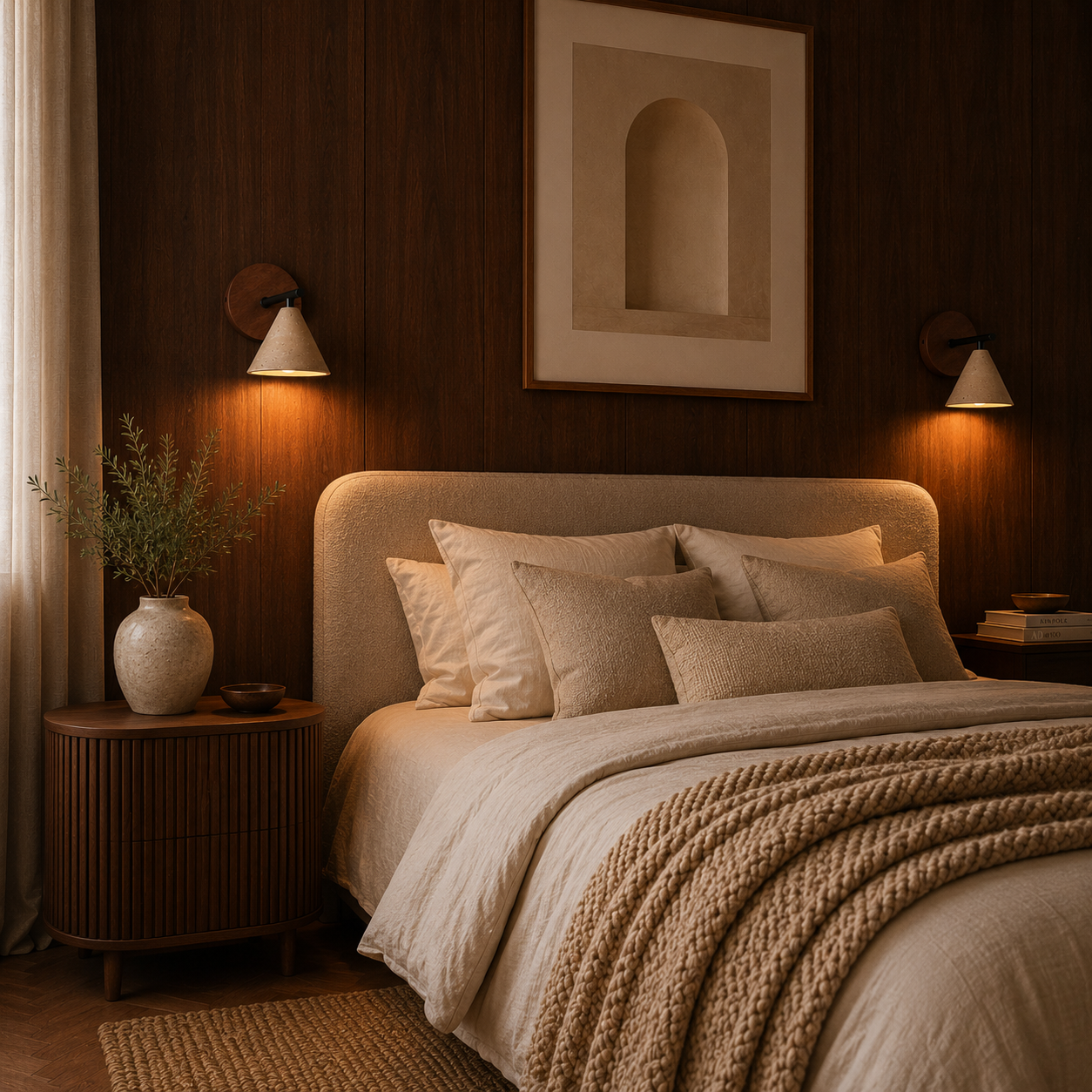 Close-up of travertine and wood detail on the Lund wall light
