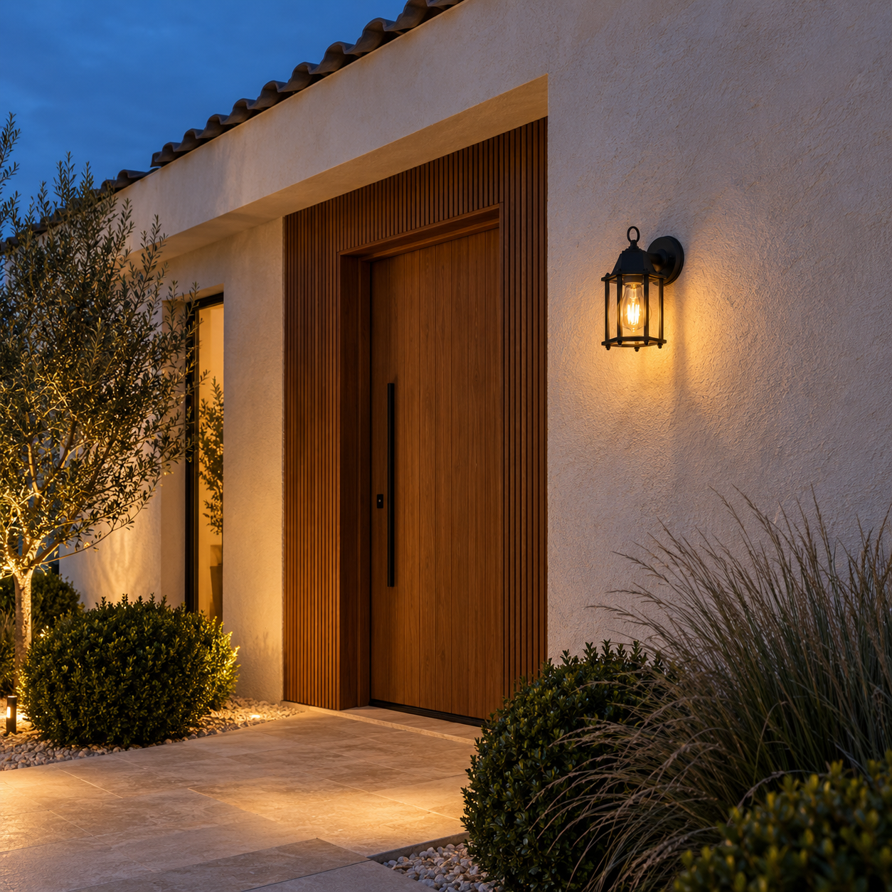 Retro outdoor wall light casting a warm glow beside a front door