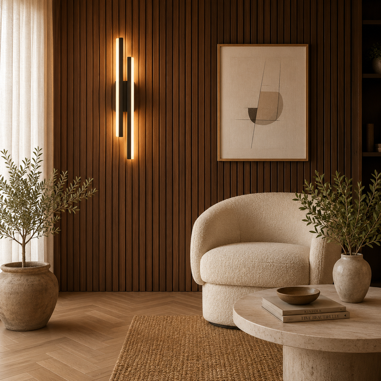 Modern LED wall light casting a warm glow in a contemporary living room