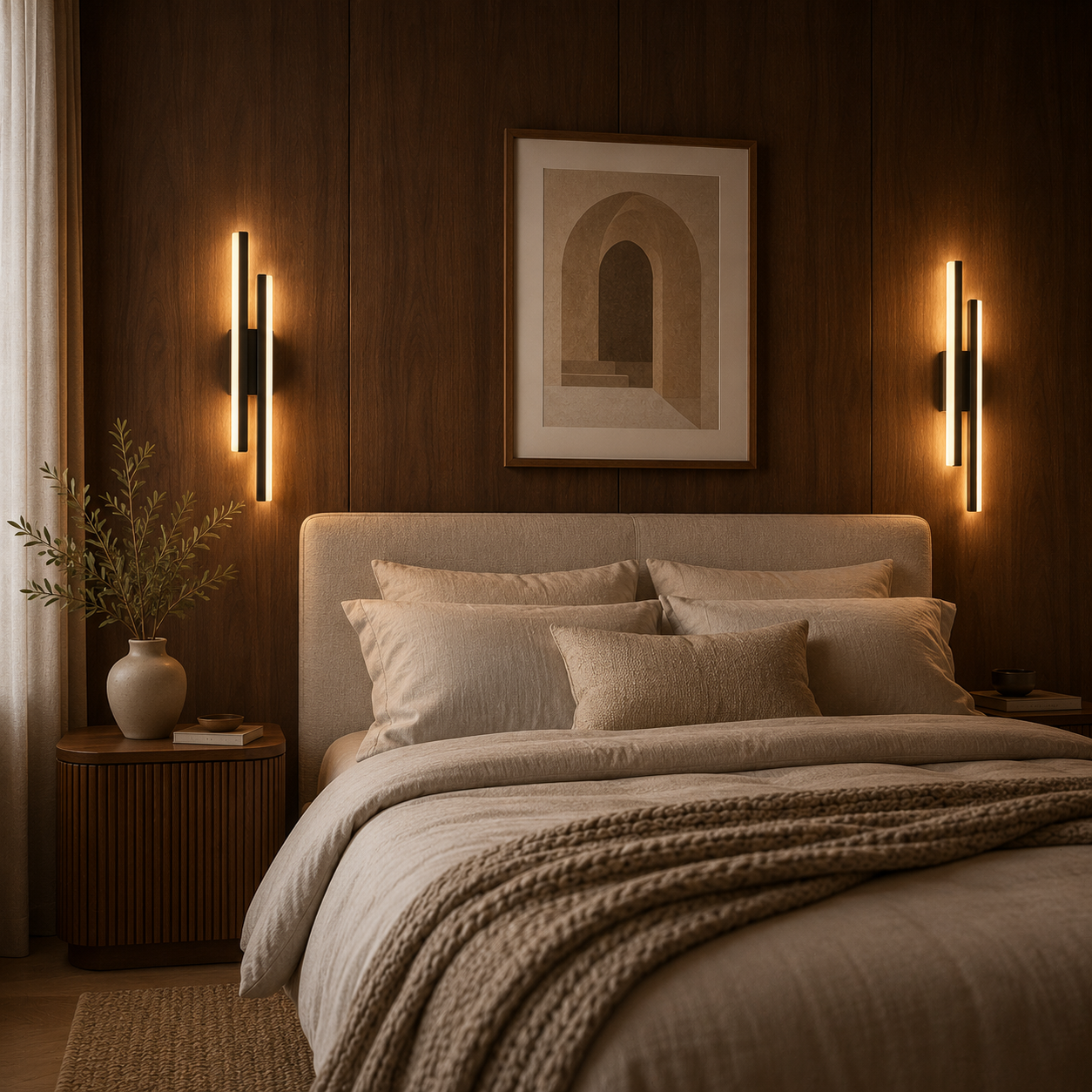 Close-up of the minimalist design of the Utu LED wall light