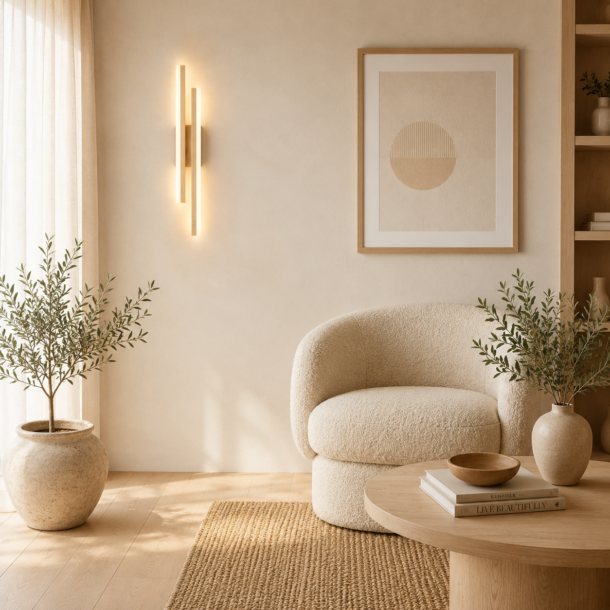 Modern LED wall light shown lit against a wall