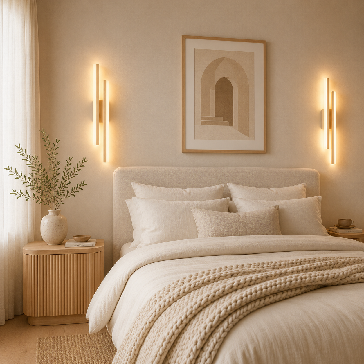 Modern designer wall light dimensions shown against a wall