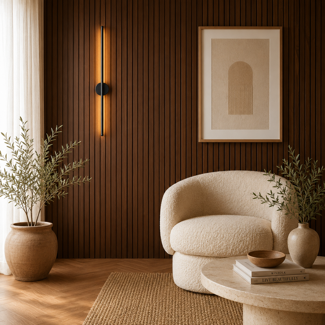 Minimalist LED wall light casting a warm glow in a modern living room