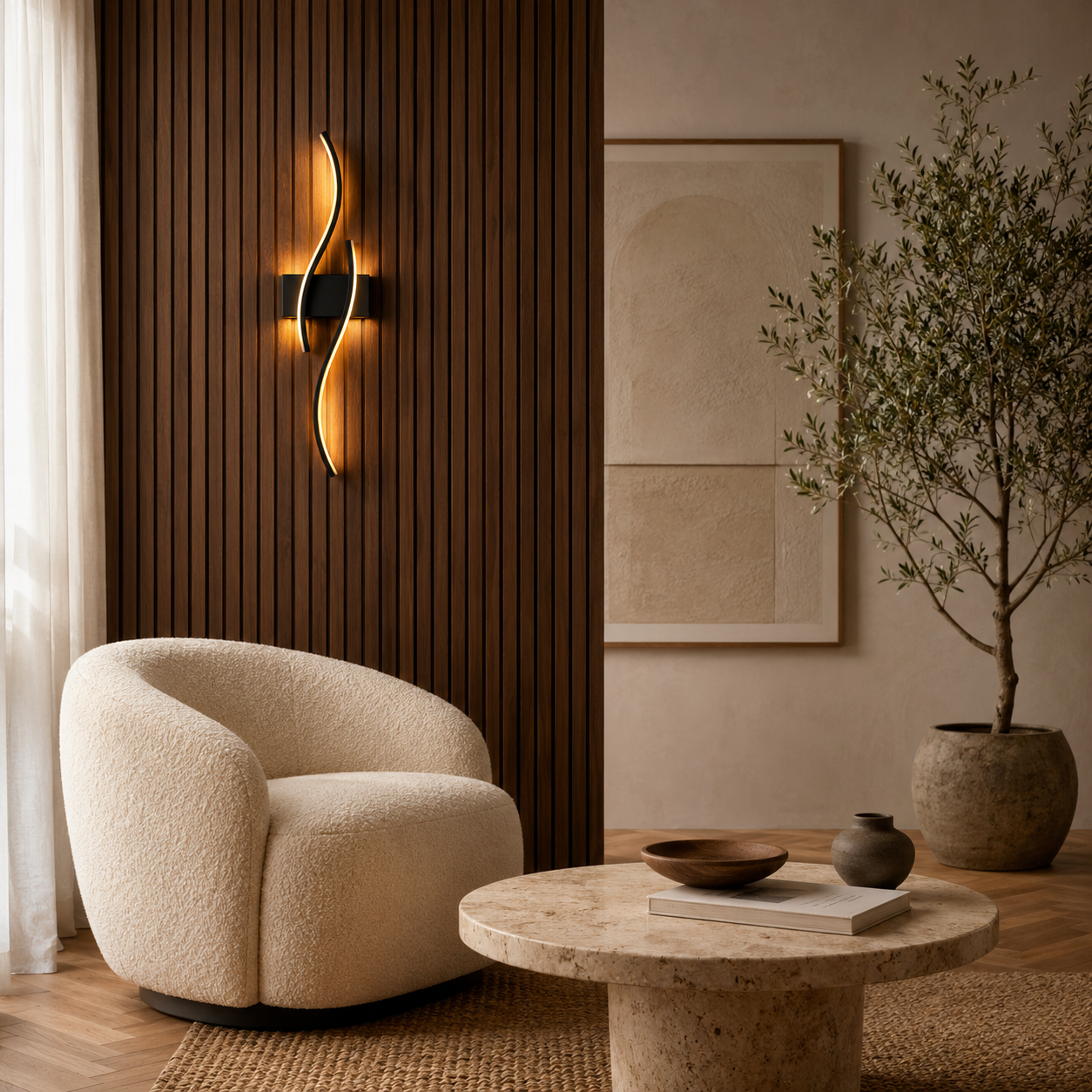 Modern LED wall light casting a warm glow in a contemporary living room