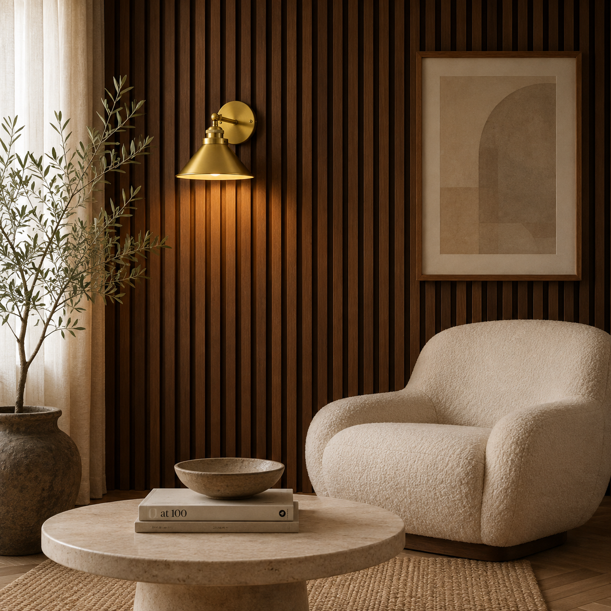 Blid vintage brass wall light styled in a warm interior