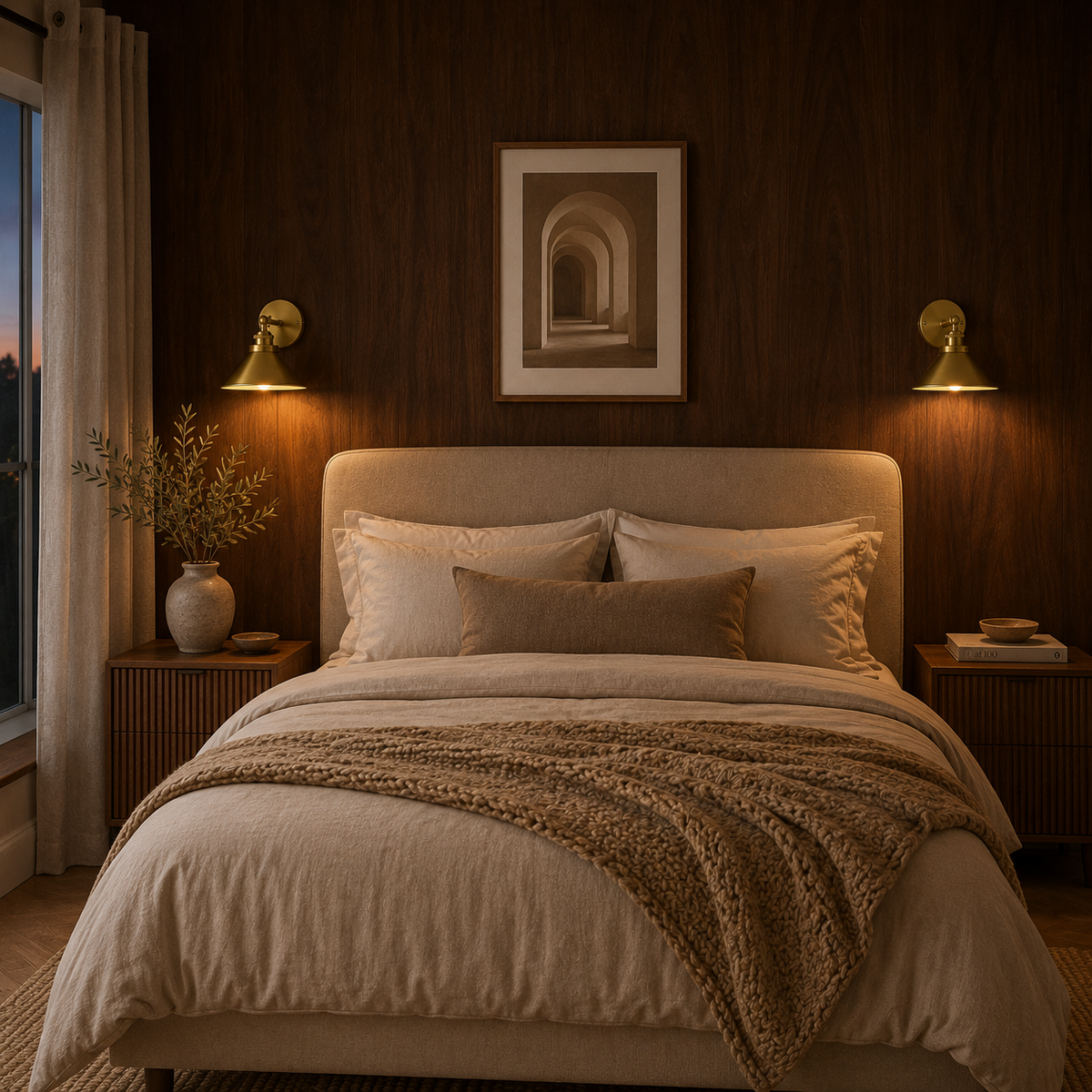 Adjustable brass wall light used as a reading light beside a bed