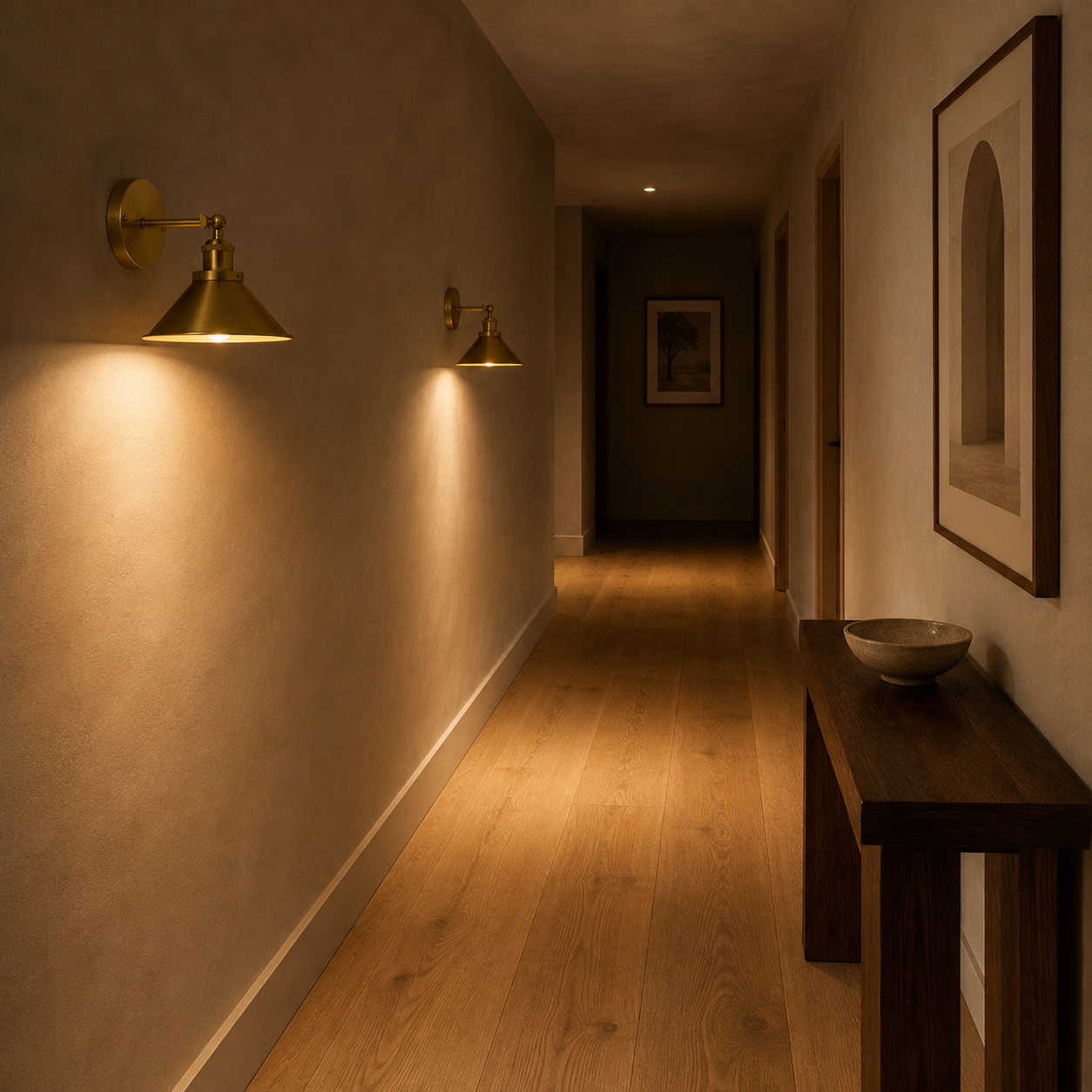 Close-up of the warm brass finish on the Blid wall light