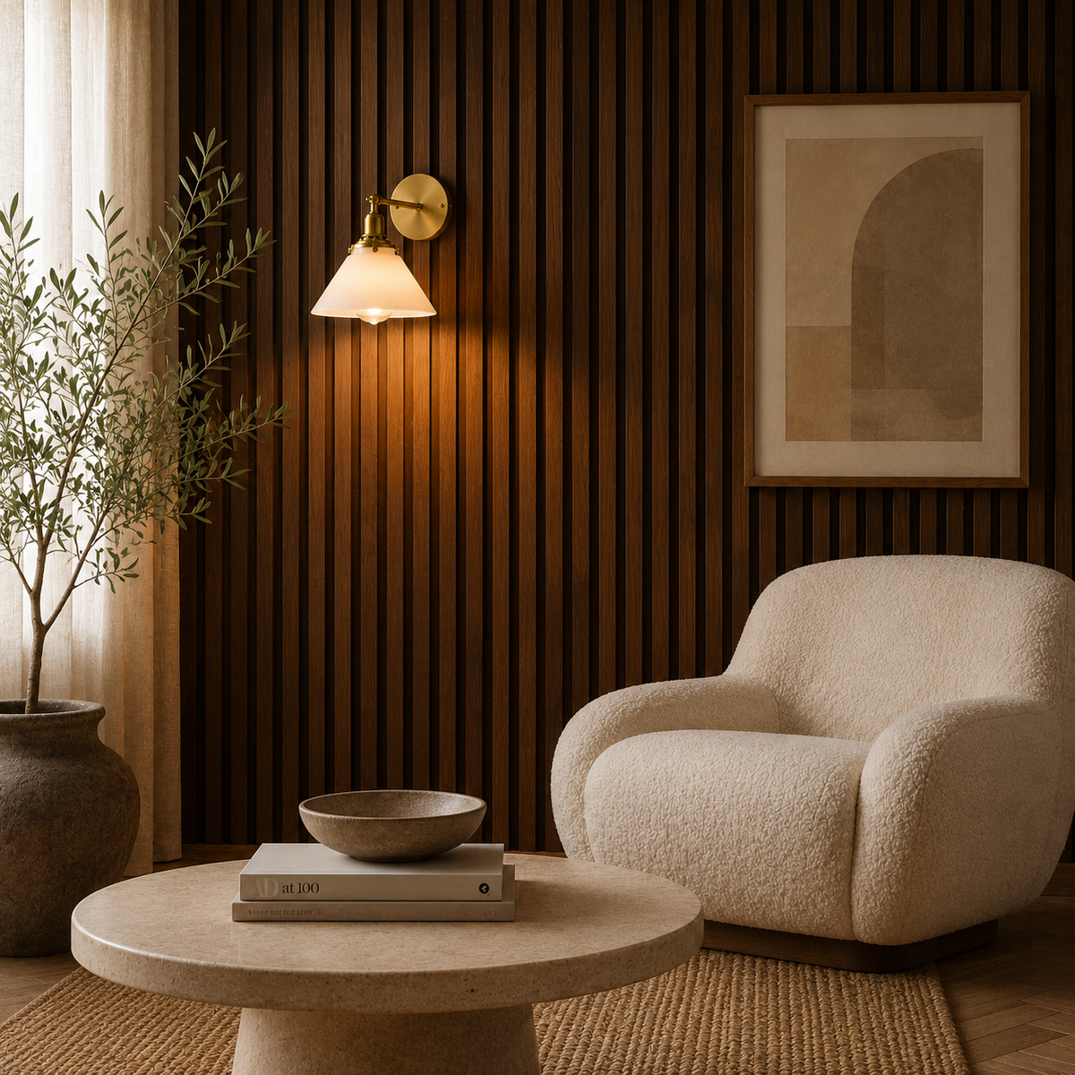 White glass wall light casting a soft diffused glow in a calm living room