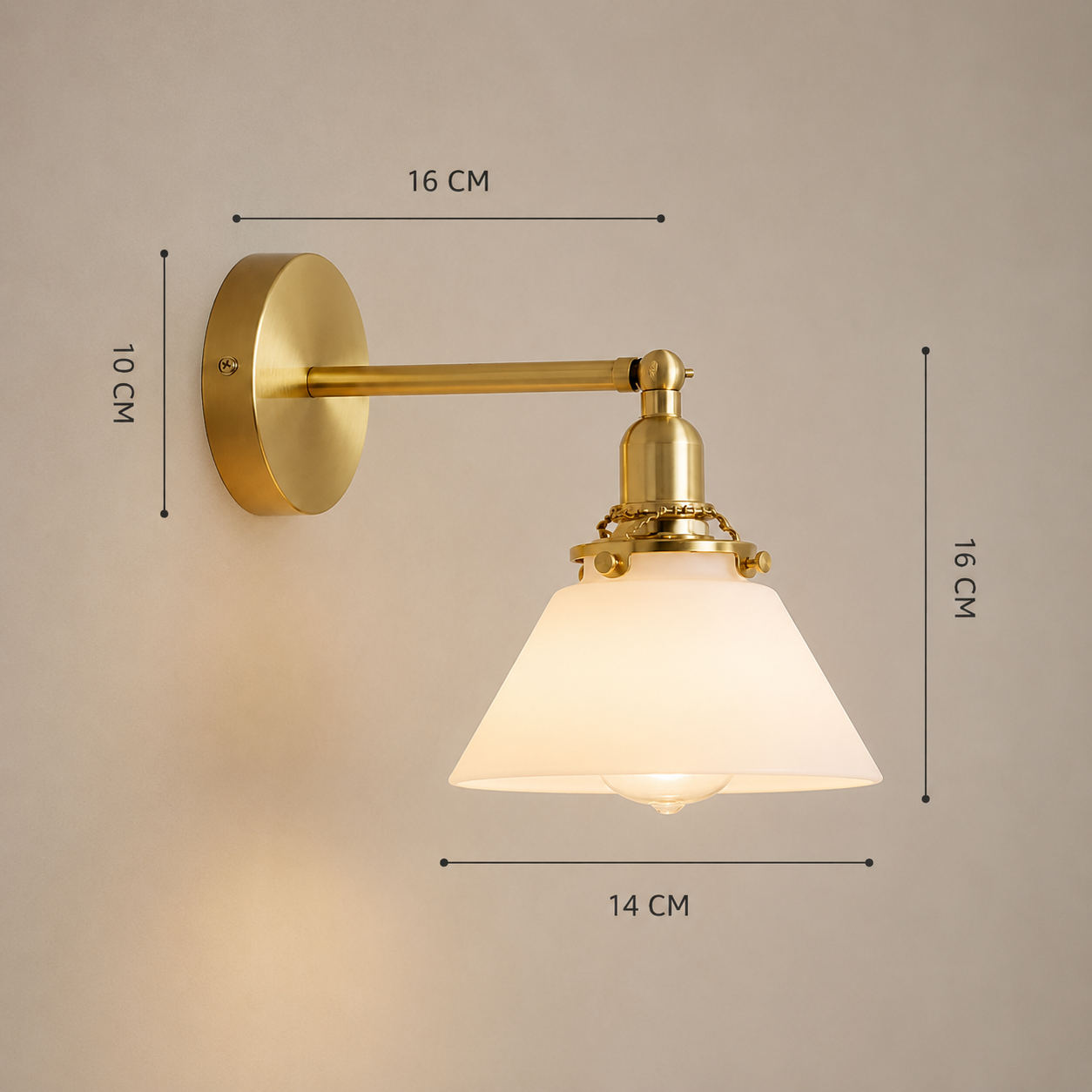 Vintage white glass wall light shown lit against a wall