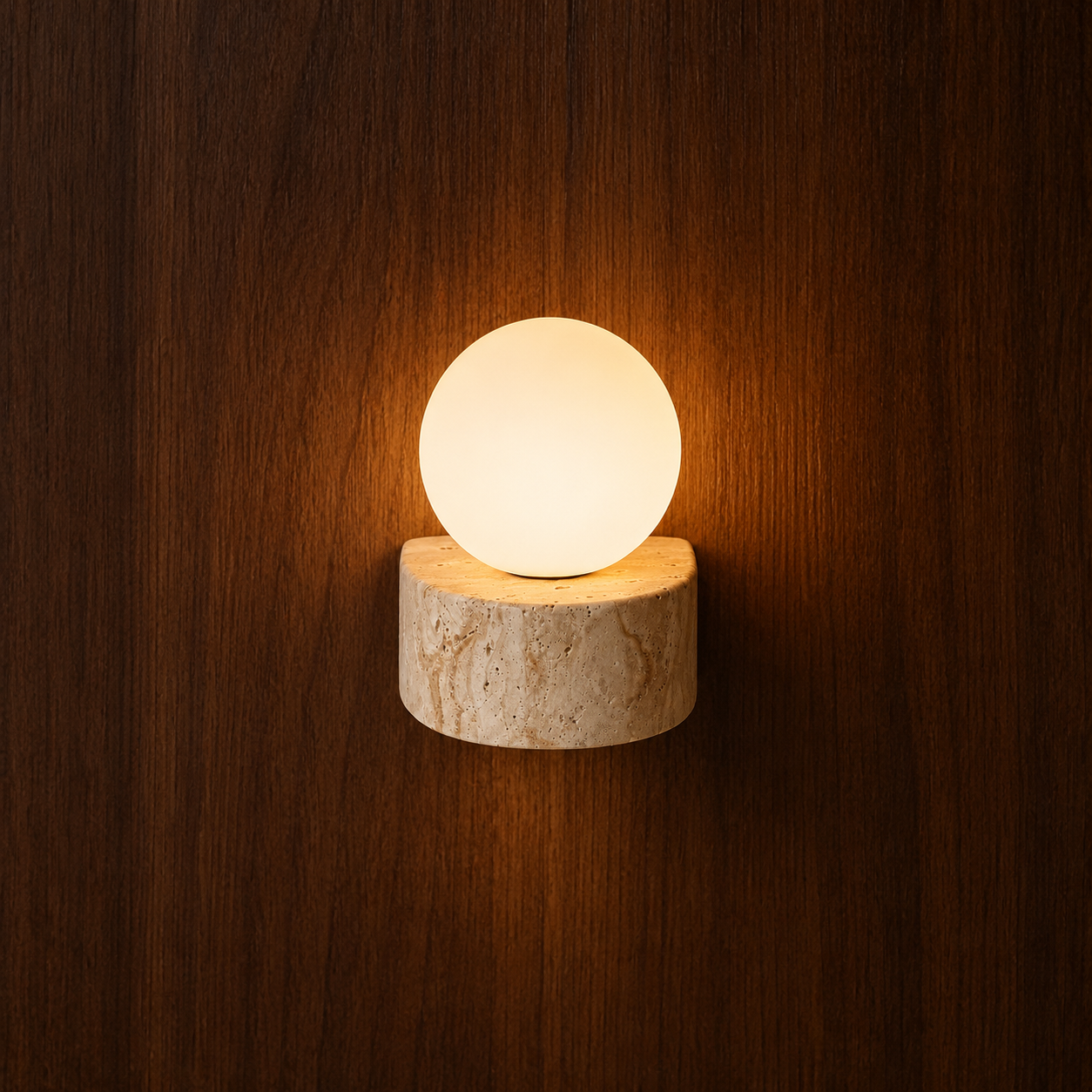 Vår travertine and glass wall light on a wood wall, NOGAN Lights