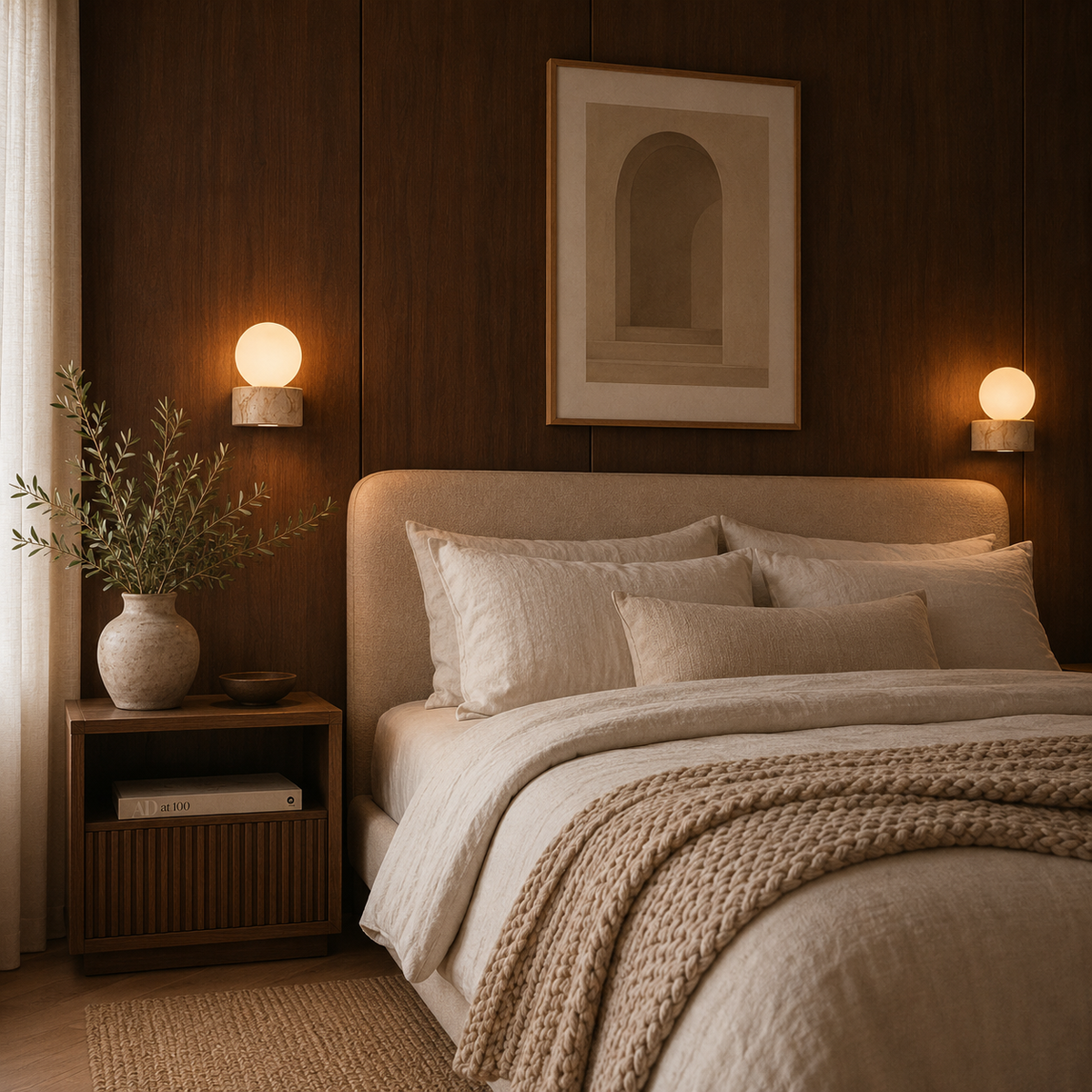 Travertine and glass wall light casting a soft diffused glow in a modern room