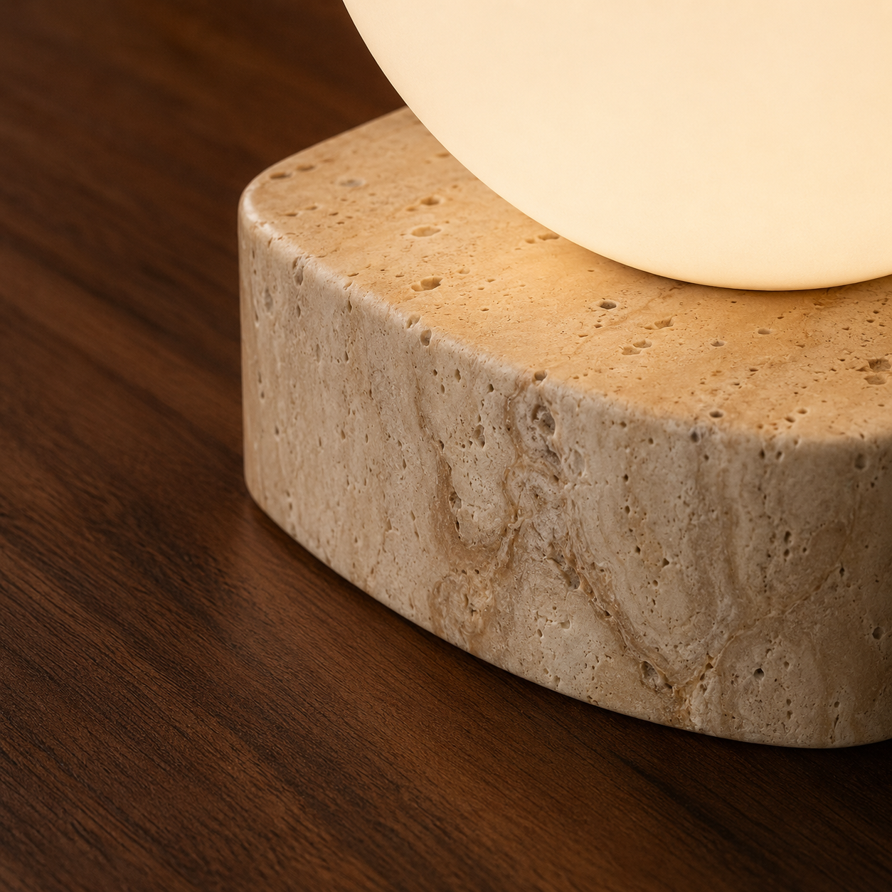 Close-up of travertine and glass detail on the Vår wall light