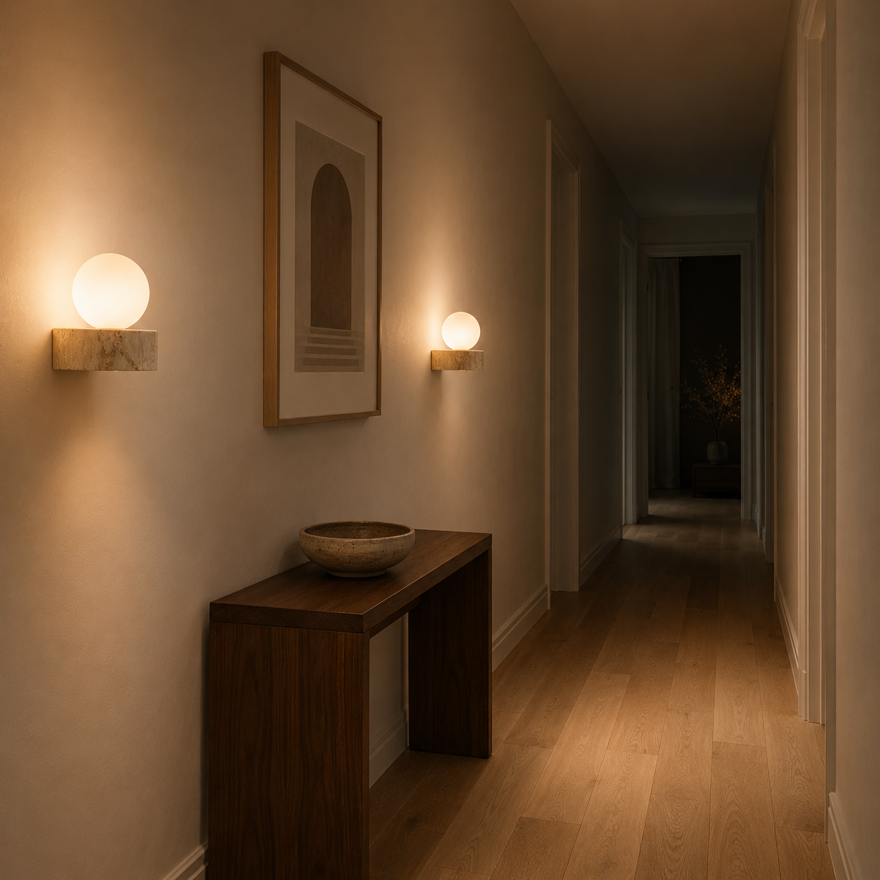 Vår travertine and glass wall light styled in a cosy living room