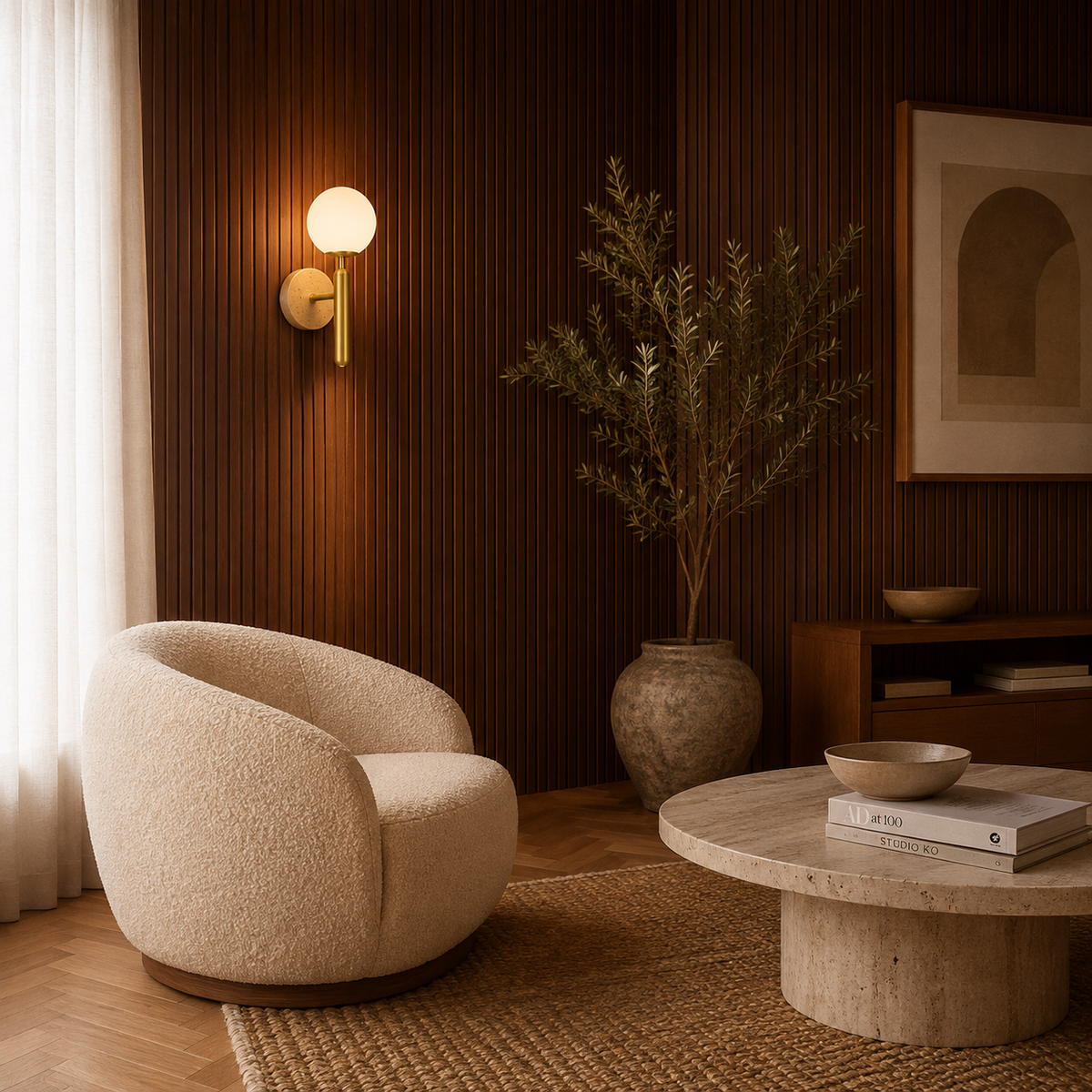Gold designer wall light casting a warm glow in a modern living room