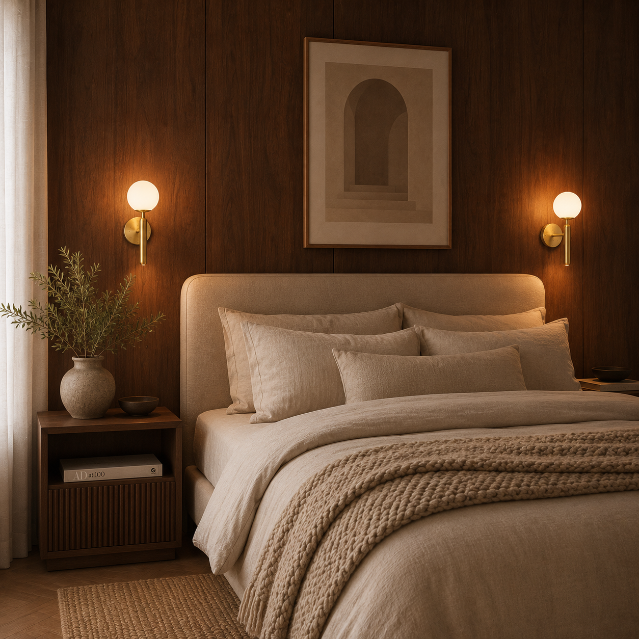 Close-up of the warm gold finish on the Dögg wall light