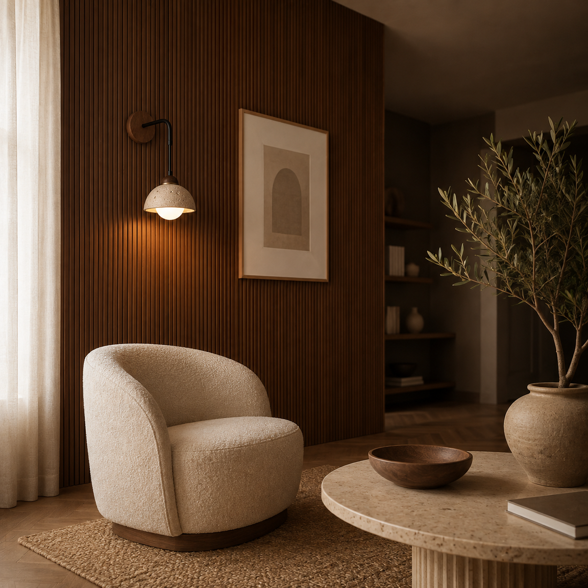 Modern travertine and wood wall light casting a warm glow in a contemporary room