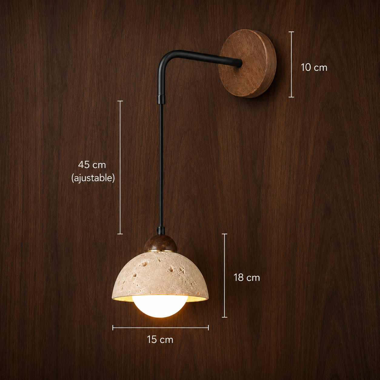 Modern wall light dimensions shown against a wood wall