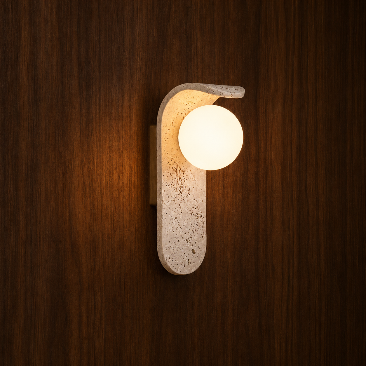 Regn Scandinavian travertine wall light on a wood wall, NOGAN Lights