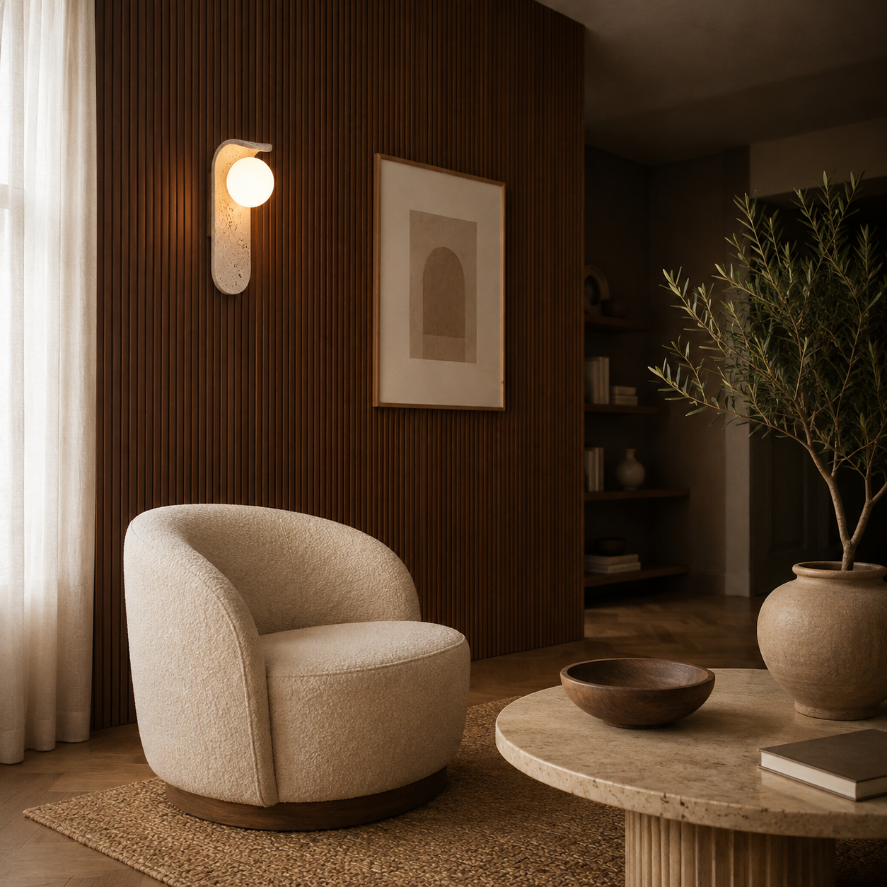 Regn travertine wall light styled in a calm Nordic interior