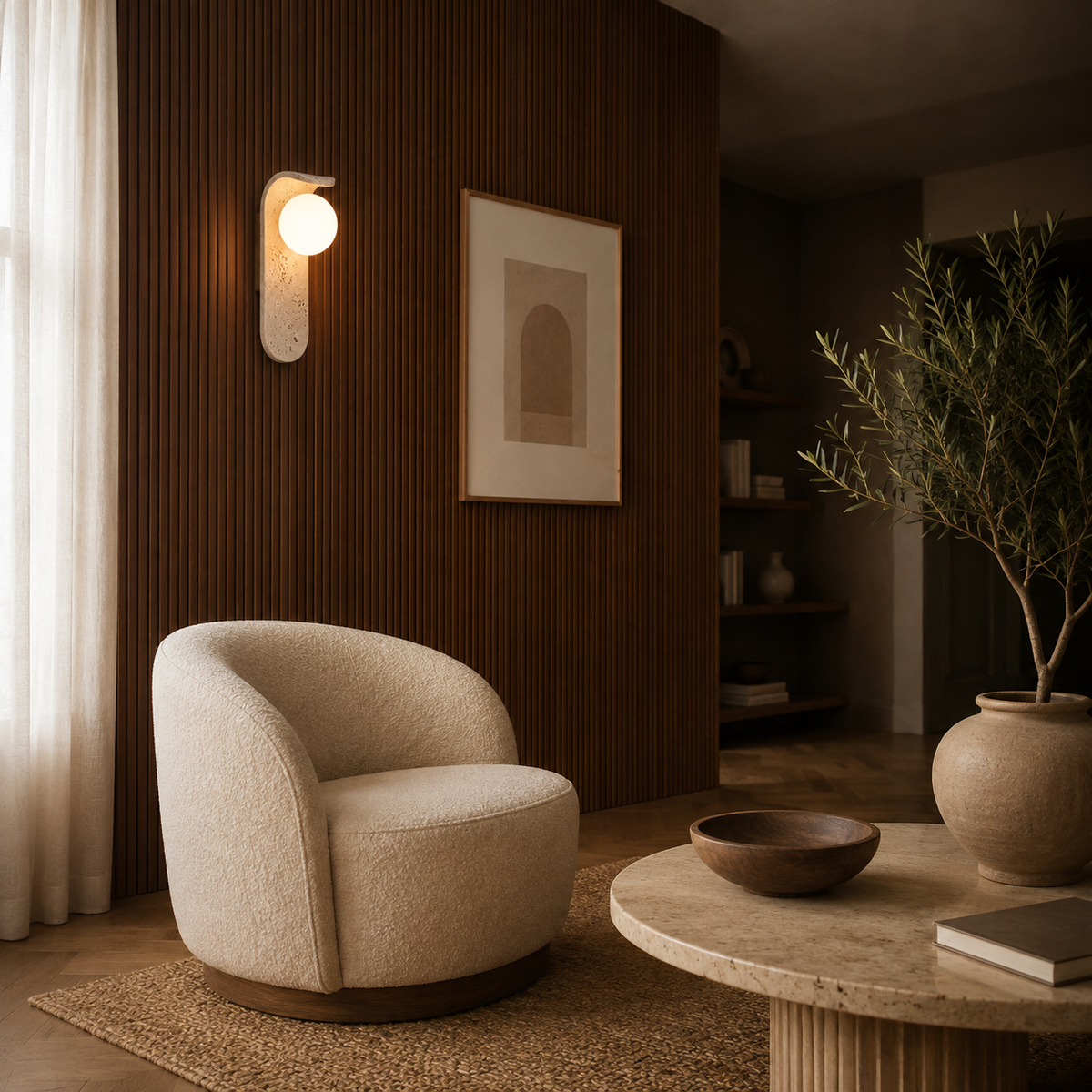 Regn travertine wall light styled in a calm Nordic interior