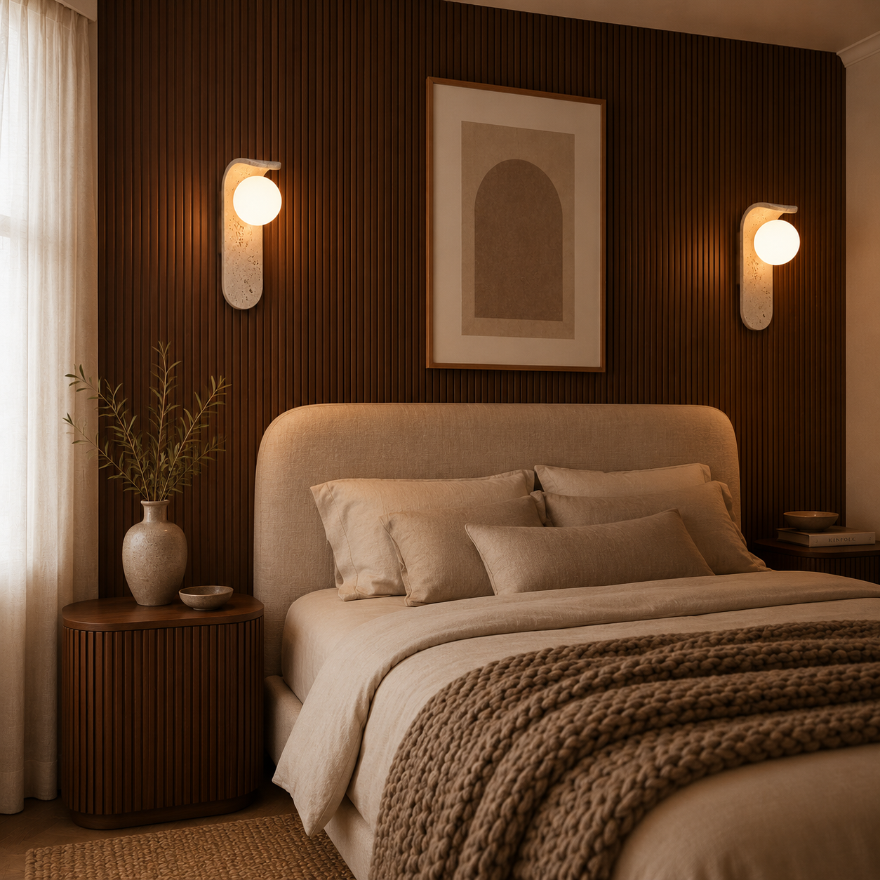 Genuine travertine wall light casting a warm ambient glow in a modern room