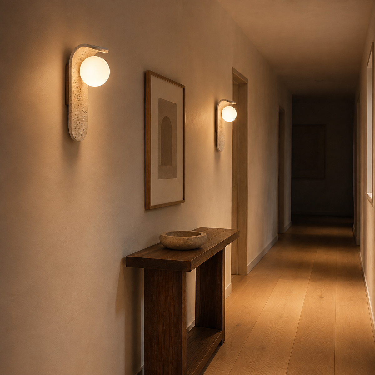 Close-up of natural travertine stone texture on the Regn wall light