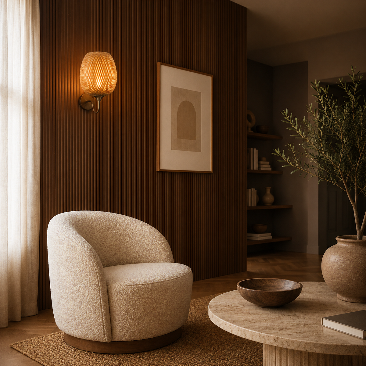 Woven bamboo wall light casting a warm atmospheric glow in a relaxed room