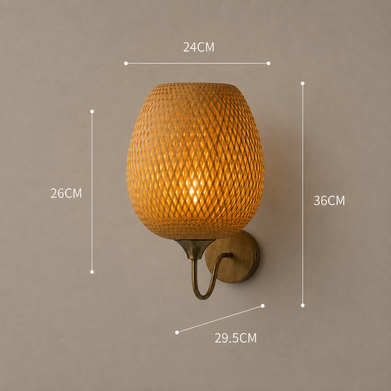 Natural bamboo wall light shown lit against a wall