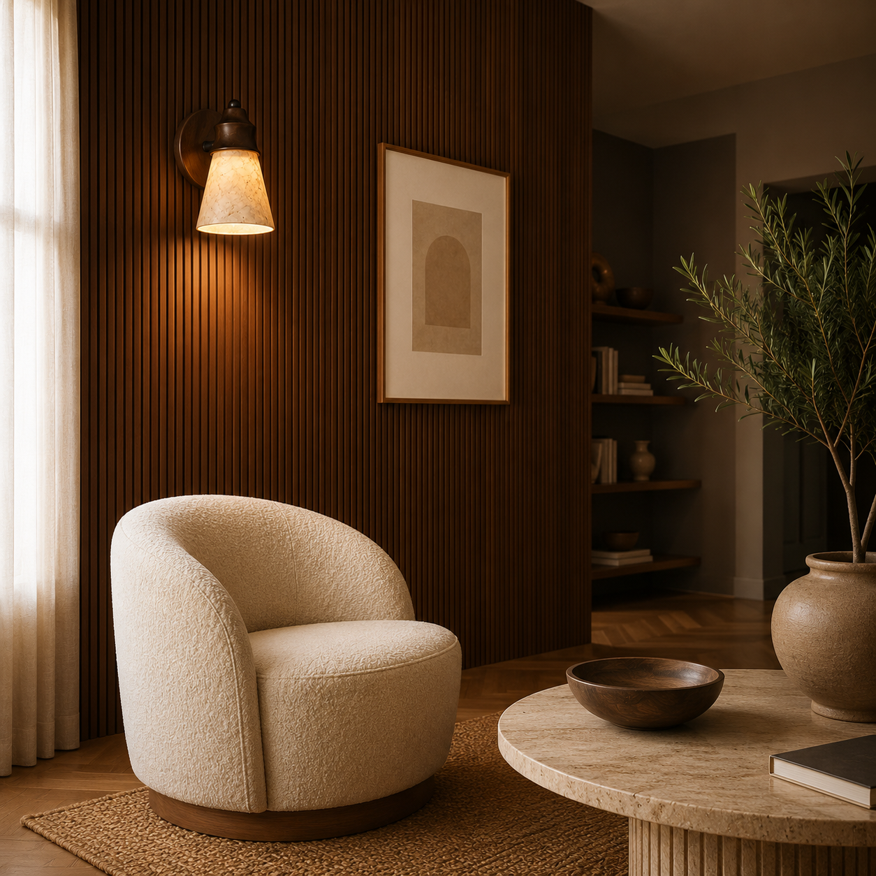 Close-up of travertine and wood detail on the Almo wall light