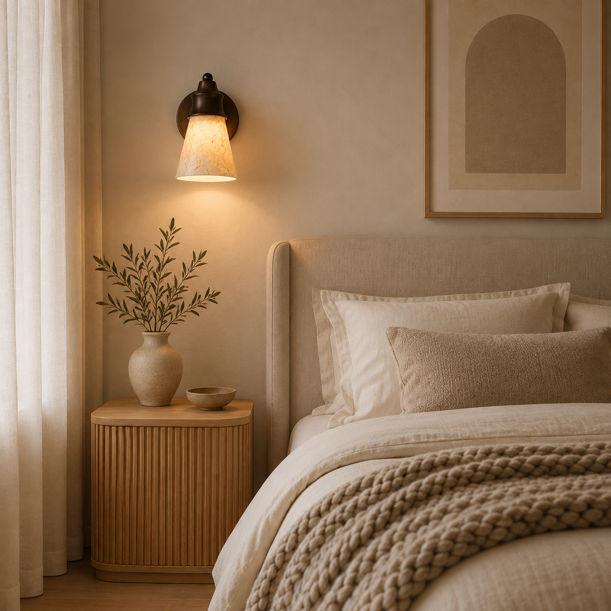 Travertine and wood wall light casting a warm glow in a modern Nordic room